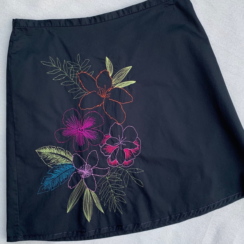 Black A-Line Skirt w/ Embroiderd Flower Detail